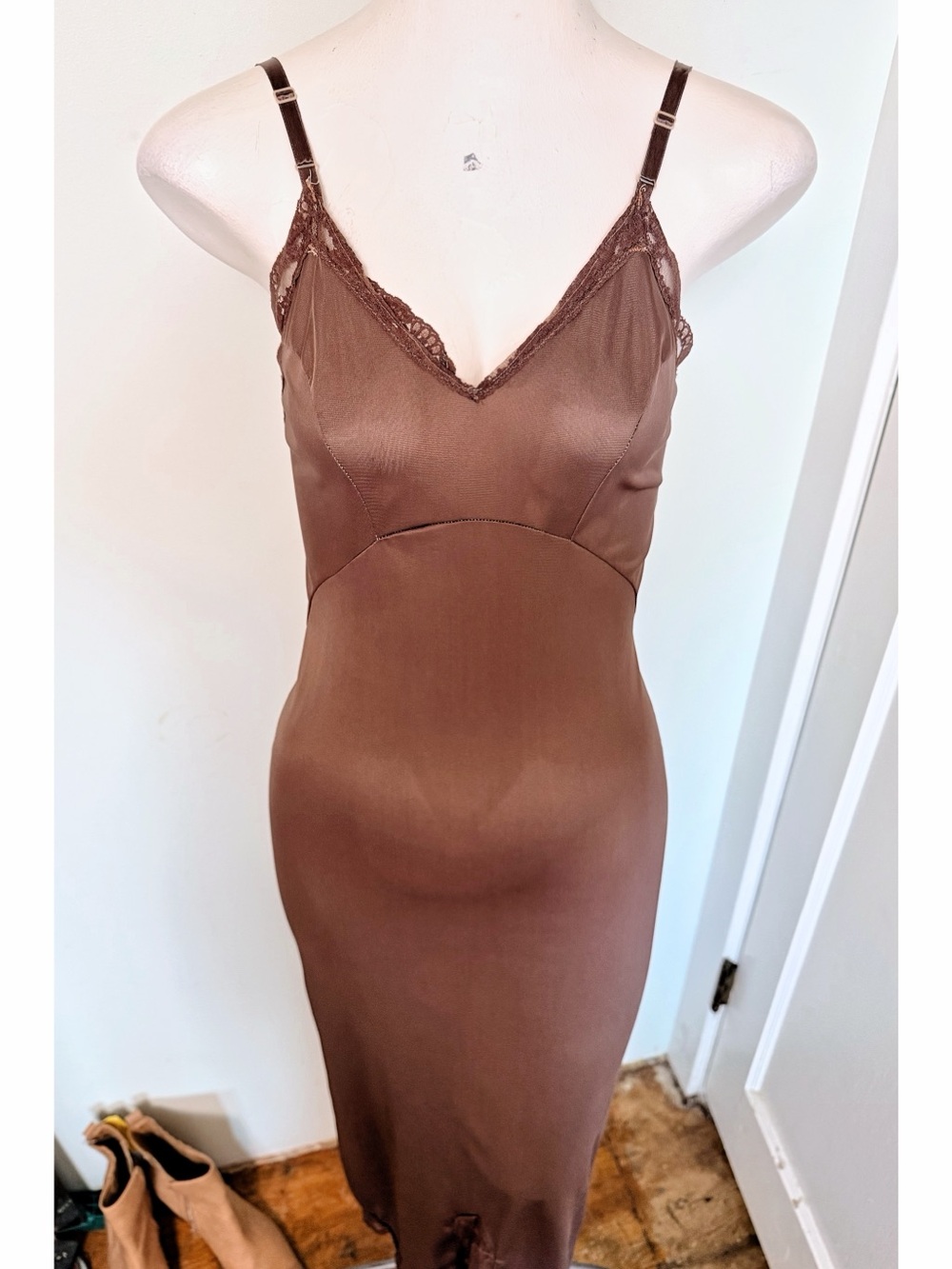 Vintage Brown Satin Lace Trim Maxi Slip Dress XS Lingerie Nightgown